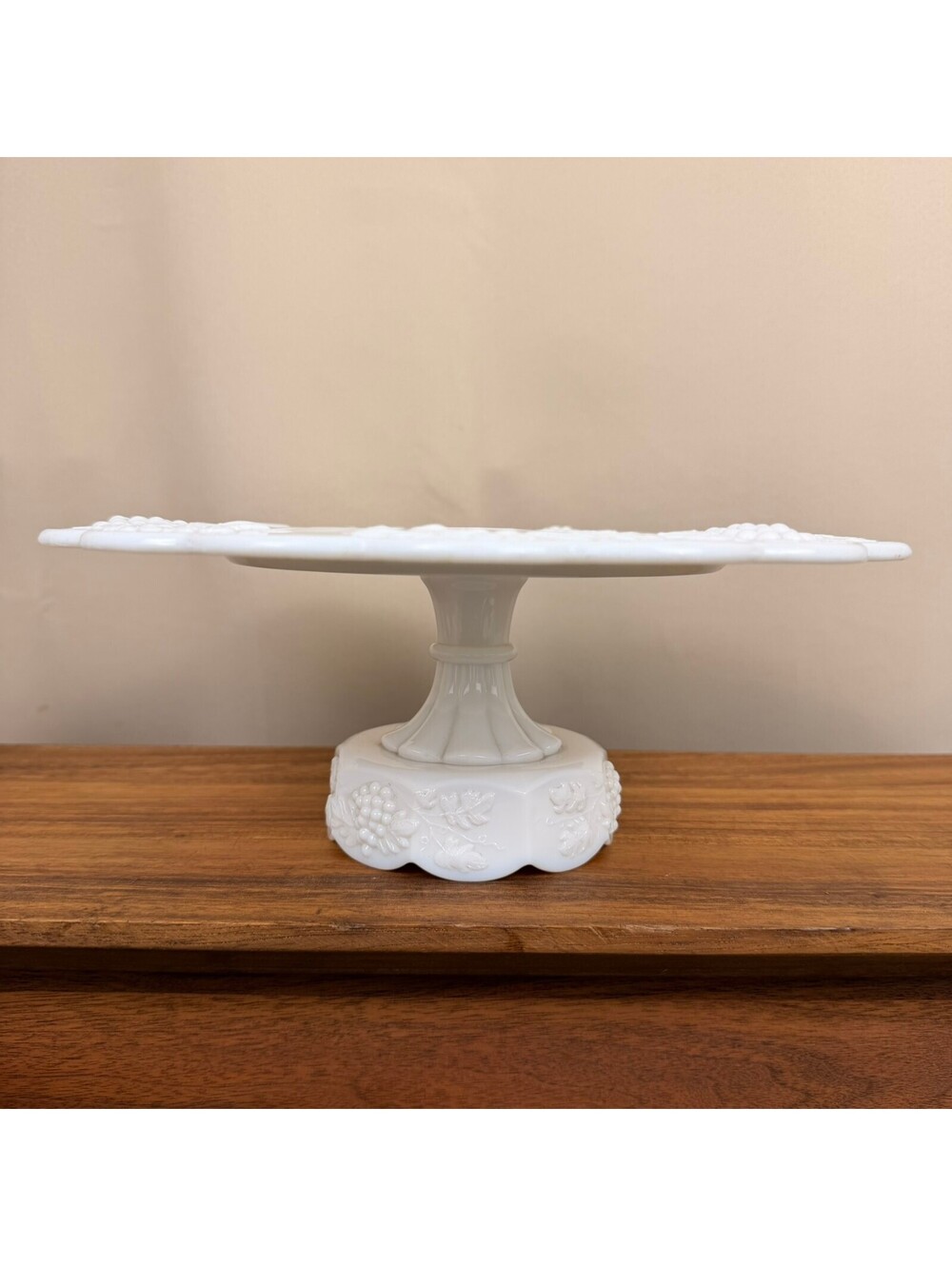 Vintage Westmoreland White Milk Glass Pedestal Cake Stand Paneled Grape & Leaf